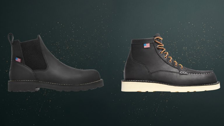 Black Leather Danner Bull Run Chelsea Classic Moc Work Boots against a green speckled practical gift guide background