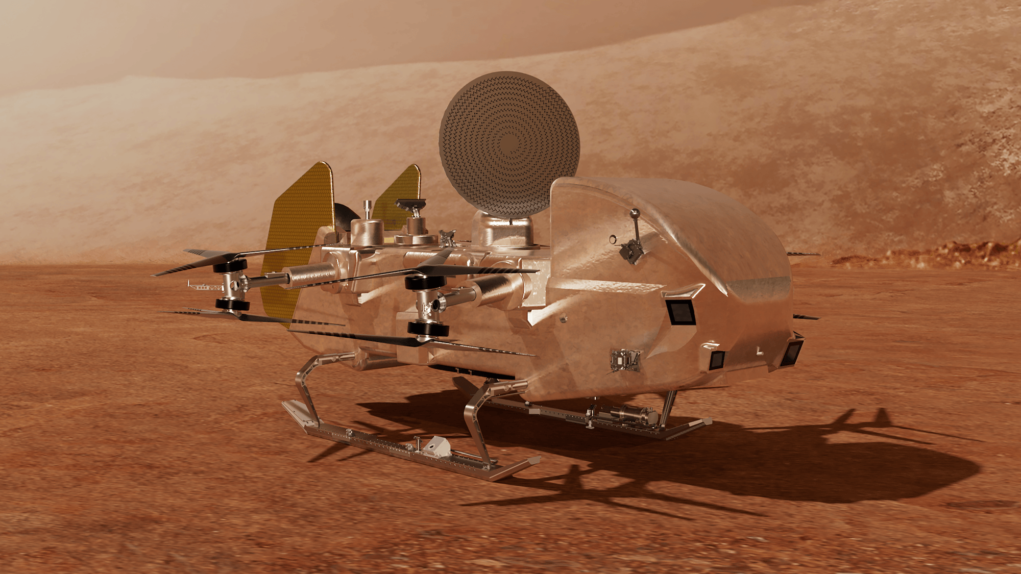 Artist illustration of NASA's Dragonfly rotorcraft on the surface of Saturn's moon, Titan.