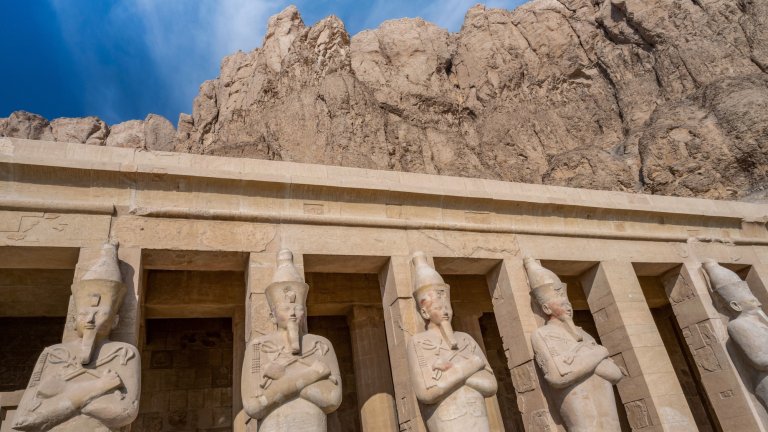 LUXOR, EGYPT - 2026/01/07: Osiride statues of Hatshepsut, a standing statue of a pharaoh in the form of a mummy set on the upper terrace of the Pharaoh Queen. (Photo by John Wreford/SOPA Images/LightRocket via Getty Images)