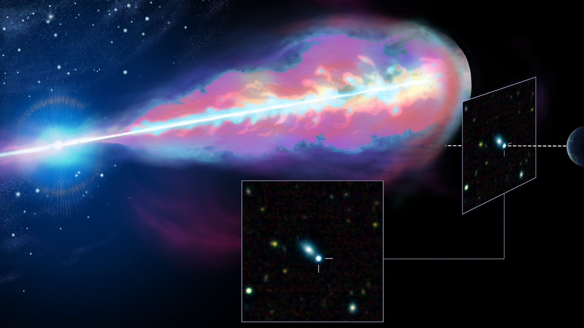 Artist's impression of GRB 260310A. A massive star collapses and launches a jet made up of a narrow, ultrafast core (white beam) wrapped in a broader and slower outflow. The jet points away from Earth. Researchers first saw light from the jet's outer wings and only later from its energetic core. The inset shows the image acquired by the Large Binocular Telescope, displaying the bright optical afterglow (marked) next to its host galaxy. Credit: Fortuna/Yang/ERC BHianca