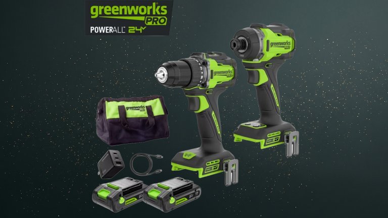 Greenworks Pro PowerAll 24V Drill Impact Driver Combo Kit against a green speckled practical gift guide background
