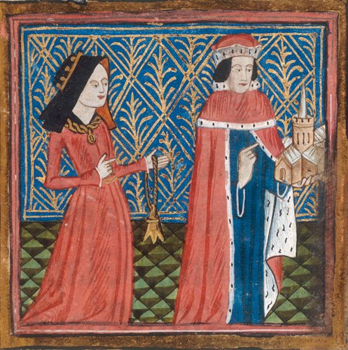 An image of a duke and duchess from an historic medieval manuscript from St Albans Abbey.
