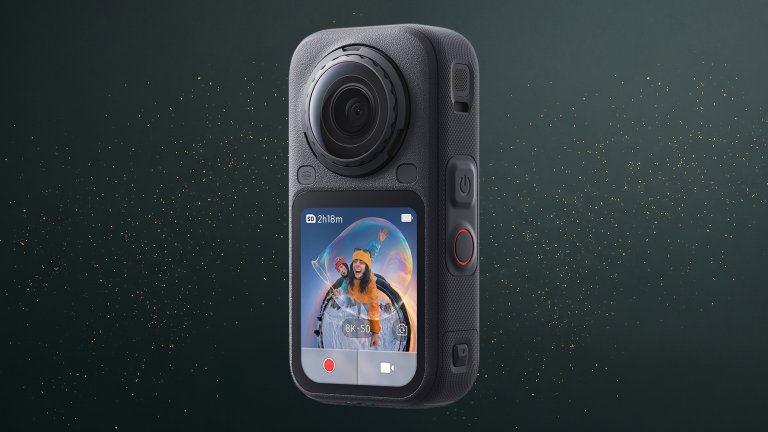 Insta360 X6 8K Camera on a green sparkly travel gift guide background