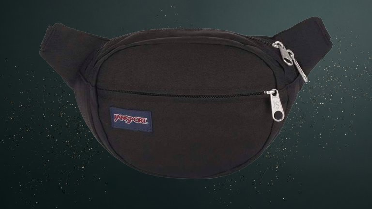 JanSport Fifth Avenue Fanny Pack on a green sparkly travel gift guide background