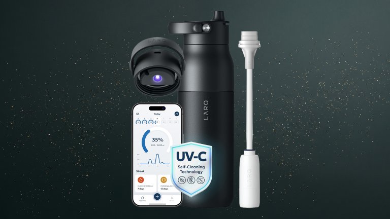 LARQ PureVis 2 water bottle and accessories on a green sparkly travel gift guide background