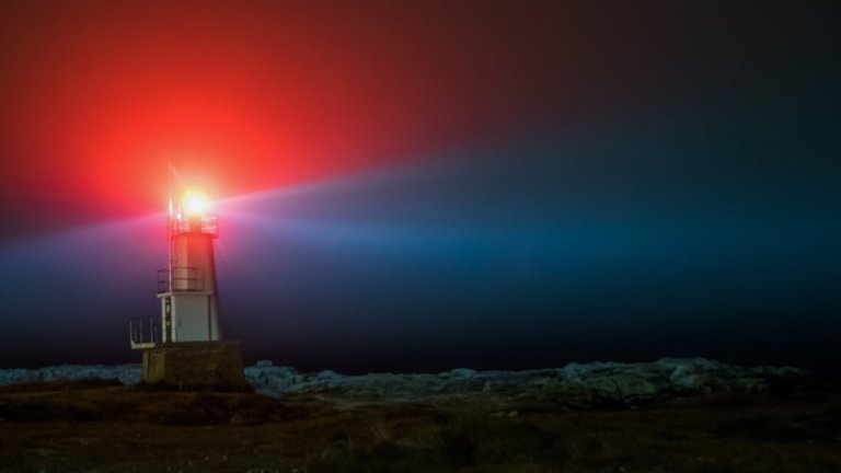 The lighthouse at night on the Kerroch coast on 6 October 2018 in Ploemeur in Morbihan in Brittany in France.
