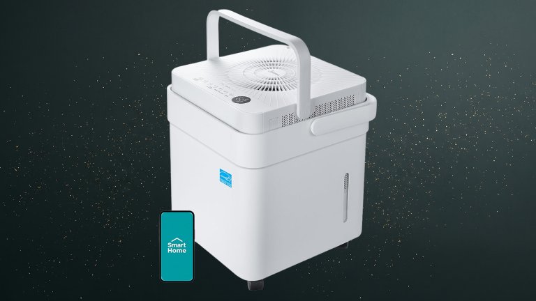 White Midea Cube 20-Pint Dehumidifier against a green speckled practical gift guide background