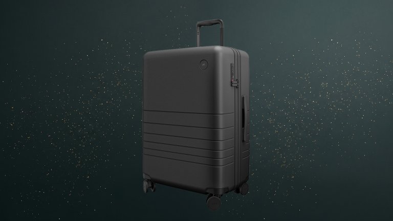 Monos Expandable Check-In Medium suitcaseon a green sparkly travel gift guide background