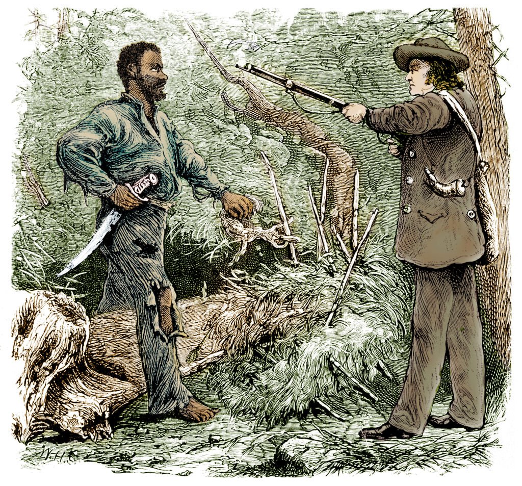 Colorized illustration (after an engraving by William Henry Shelton, circa 1881) depicts Nat Turner (1800 - 1831) (left), barefoot and dressed in tattered clothes, his hand on his dagger, as he is held a musket-point by farmer Benjamin Phipps, 1831.