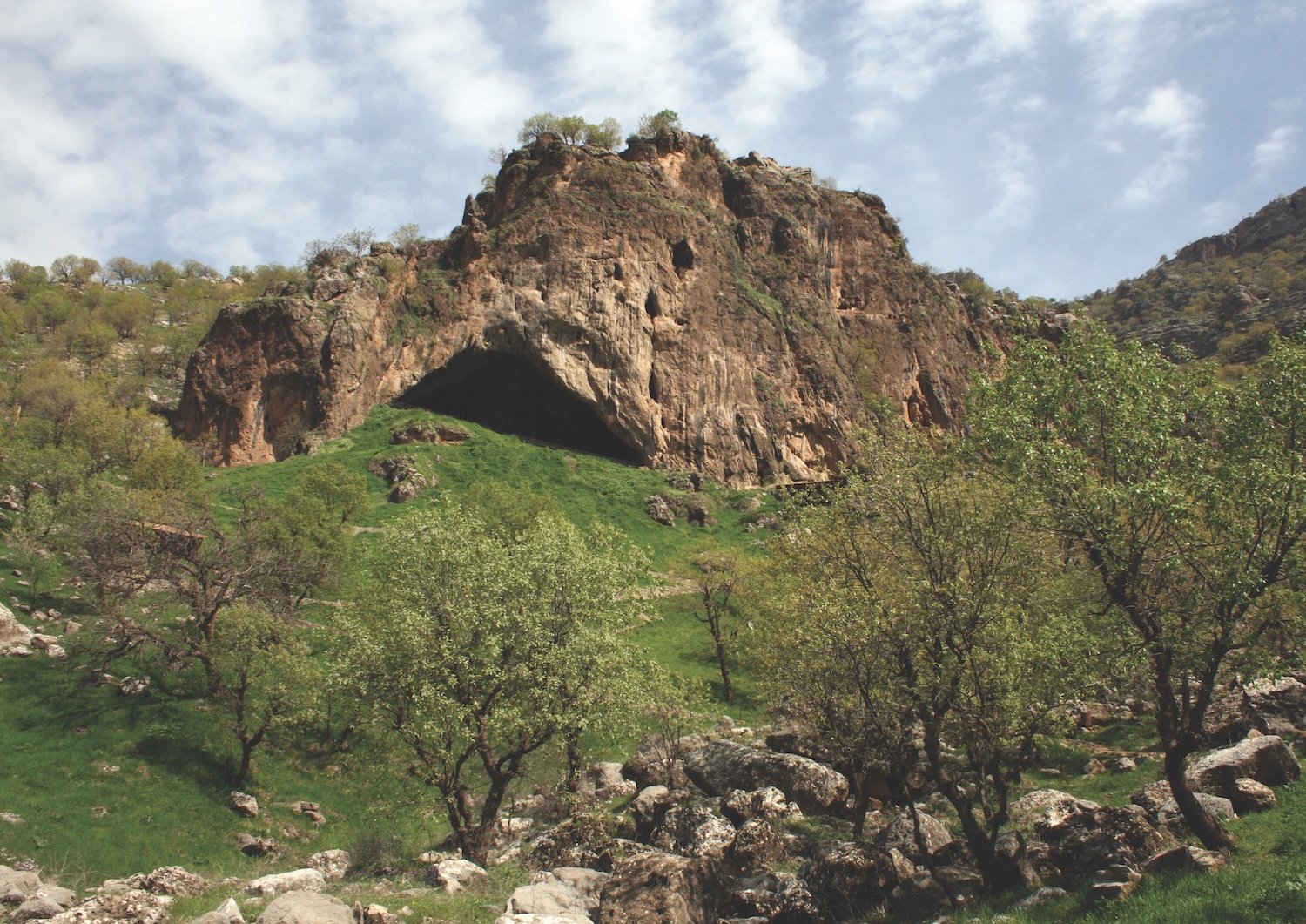 Shanidar cave in hillside surrounded by grass and trees