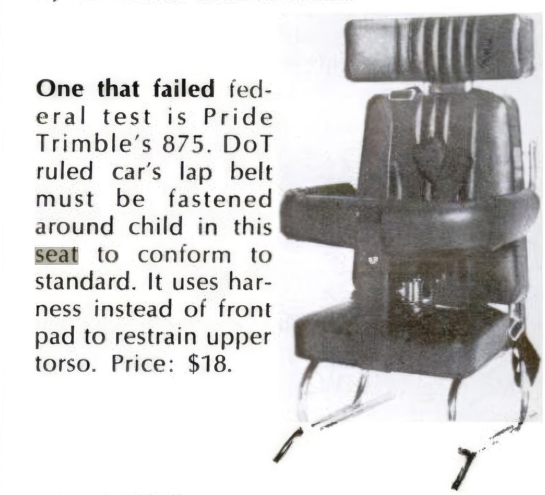 Crop from old Popular Science magazine showing a vintage child's car seat and caption.