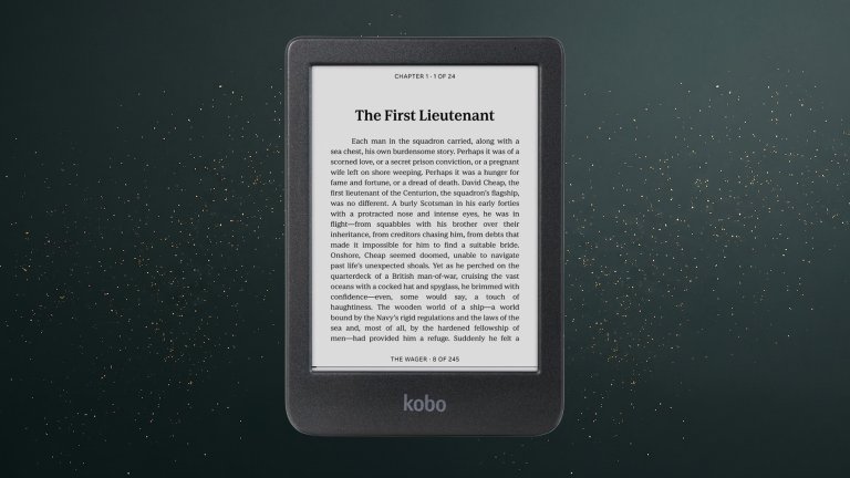 Rakuten Kobo Clara BW eReader on a green sparkly travel gift guide background