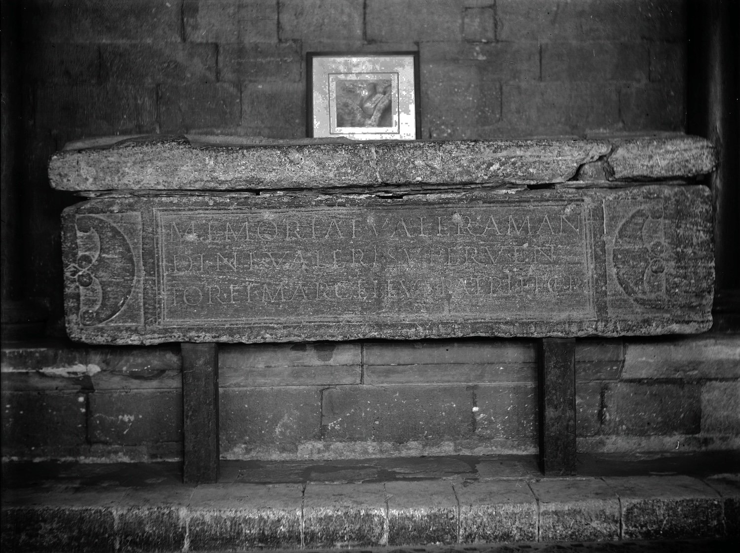 Roman coffin when displayed in Chapter House vestibule (whereabouts of the framed watercolour above showing it in the ground is not known) Library neg box 61