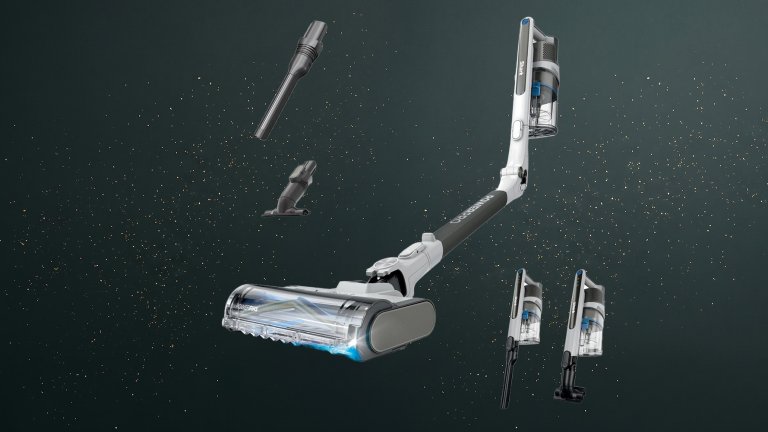 Shark PowerPro Flex Reveal Plus Cordless Vacuum and accessories against a green speckled practical gift guide background