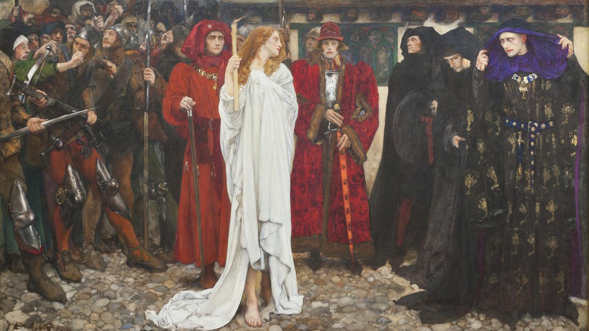 Painting of a woman in white holding a candle surrounded by men.