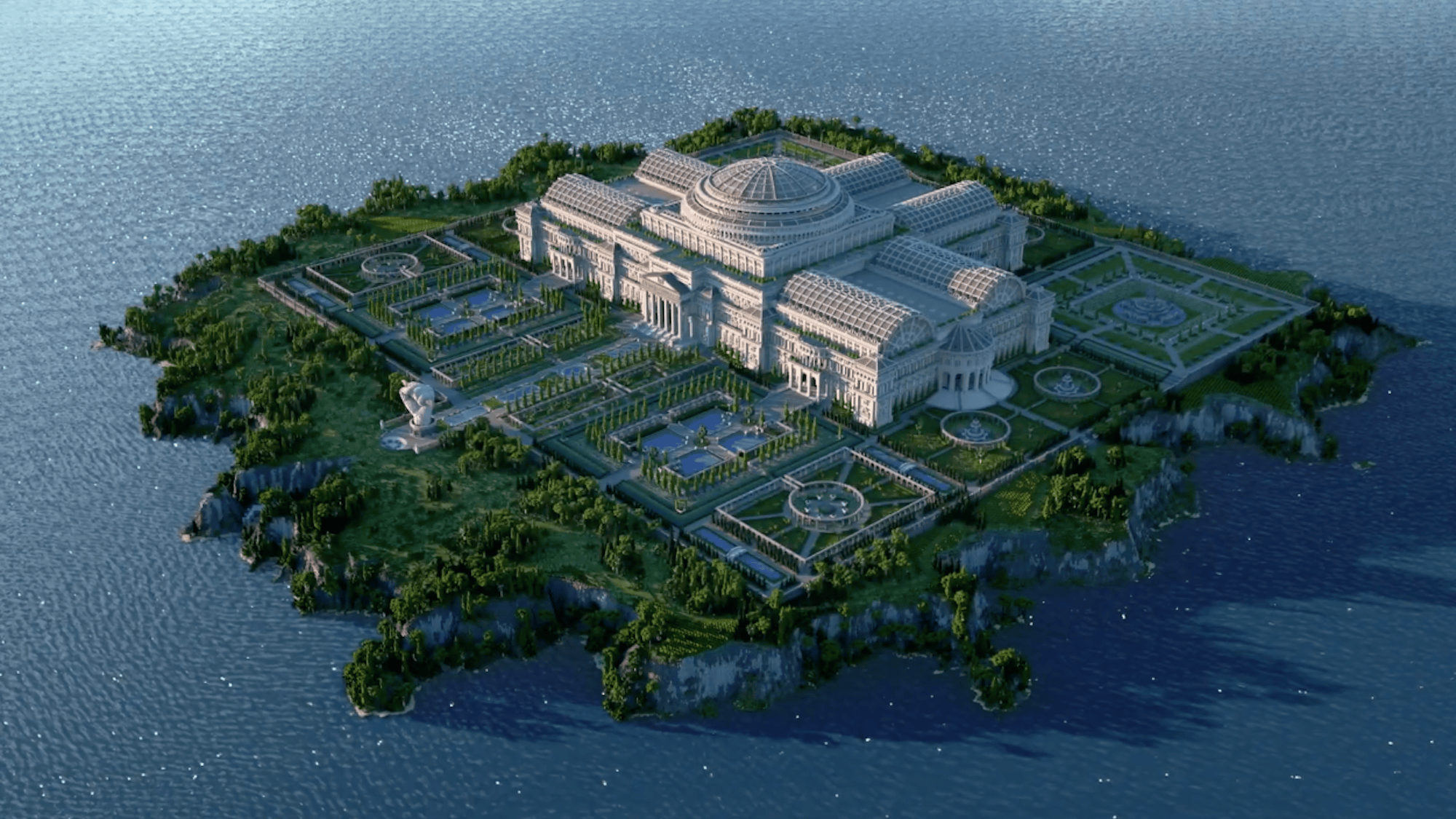Overview of The Uncensored Library and its neoclassical design on island surrounded by water in Minecraft