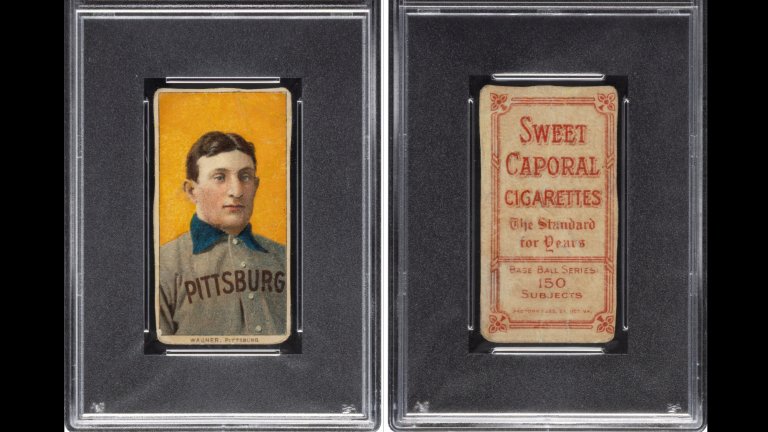 The back and front of the famous Honus Wagner Sweet Caporal cigarettes baseball card