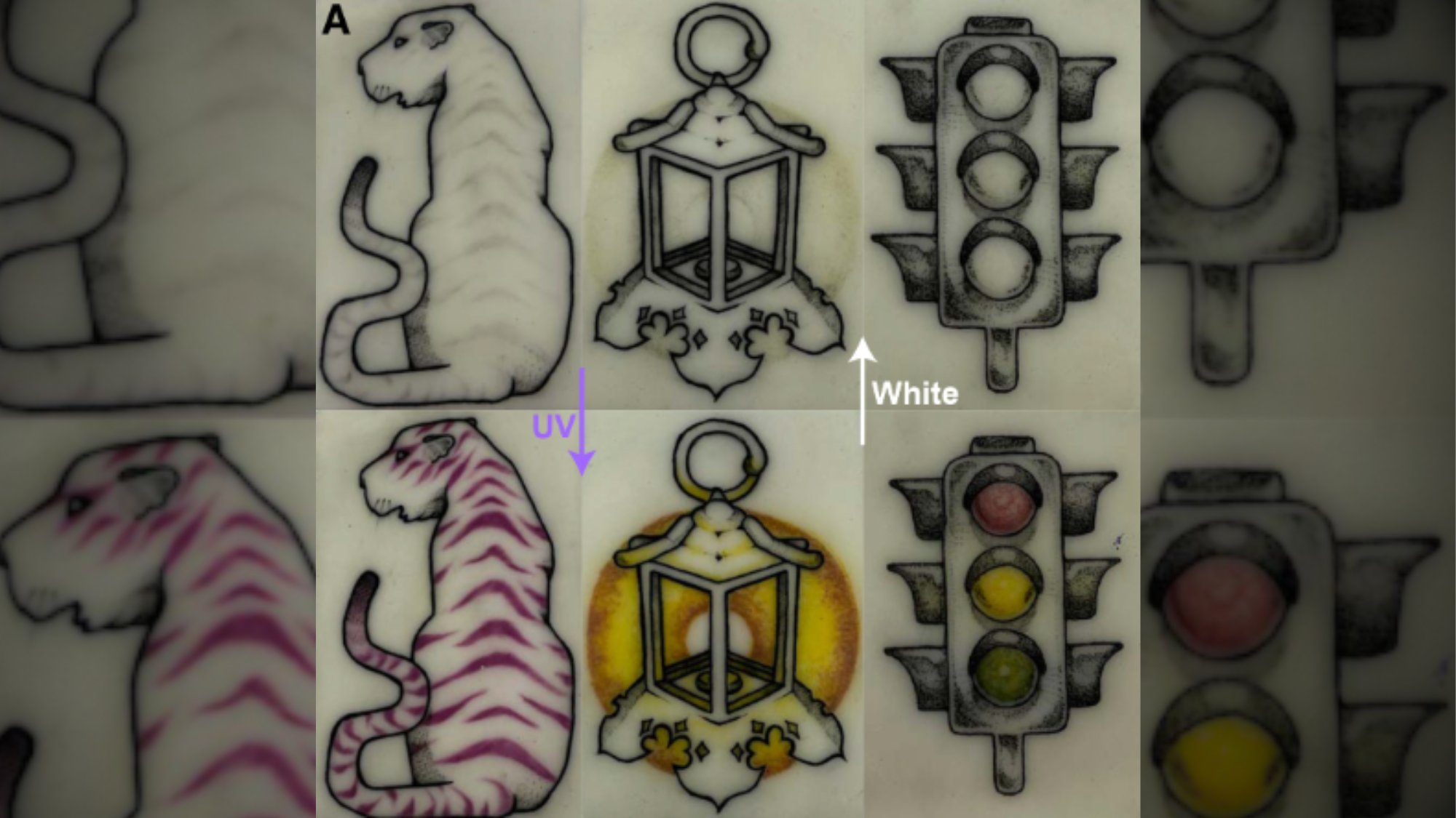 Transitional tattoos of a tiger, lamp, and stoplight seen before and after exposure to UV light. The tattoos become colorful after exposure