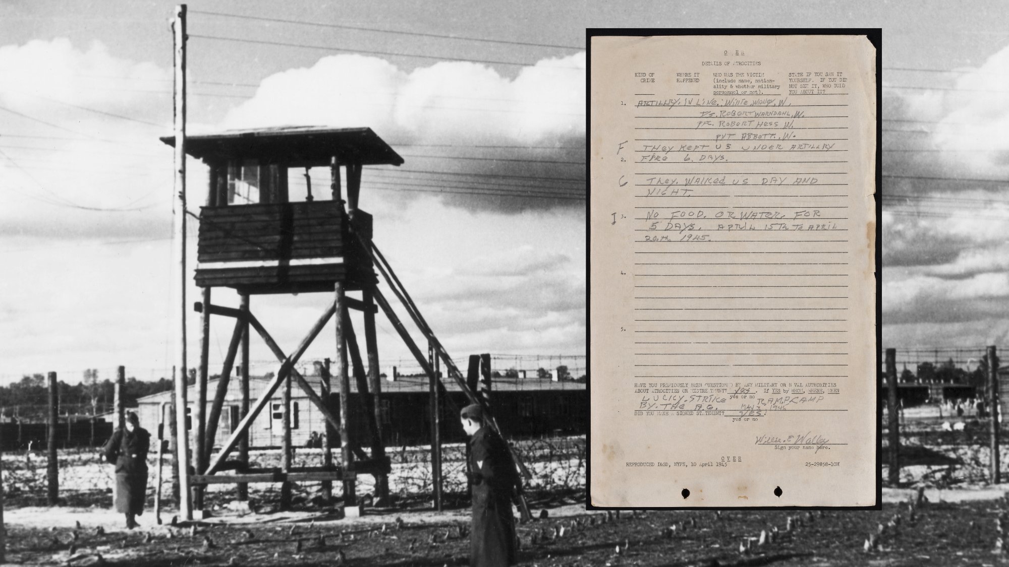 Black and white photo of Stalag Luft 3 prison camp next to scan of a prisoner's questionnaire form