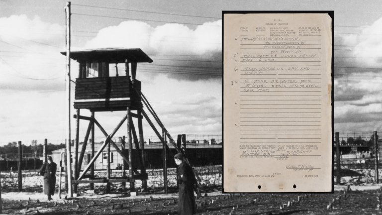 Black and white photo of Stalag Luft 3 prison camp next to scan of a prisoner's questionnaire form