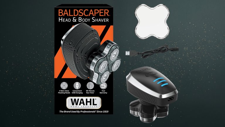 Wahl Baldscaper Head Body Shaver against a green speckled practical gift guide background