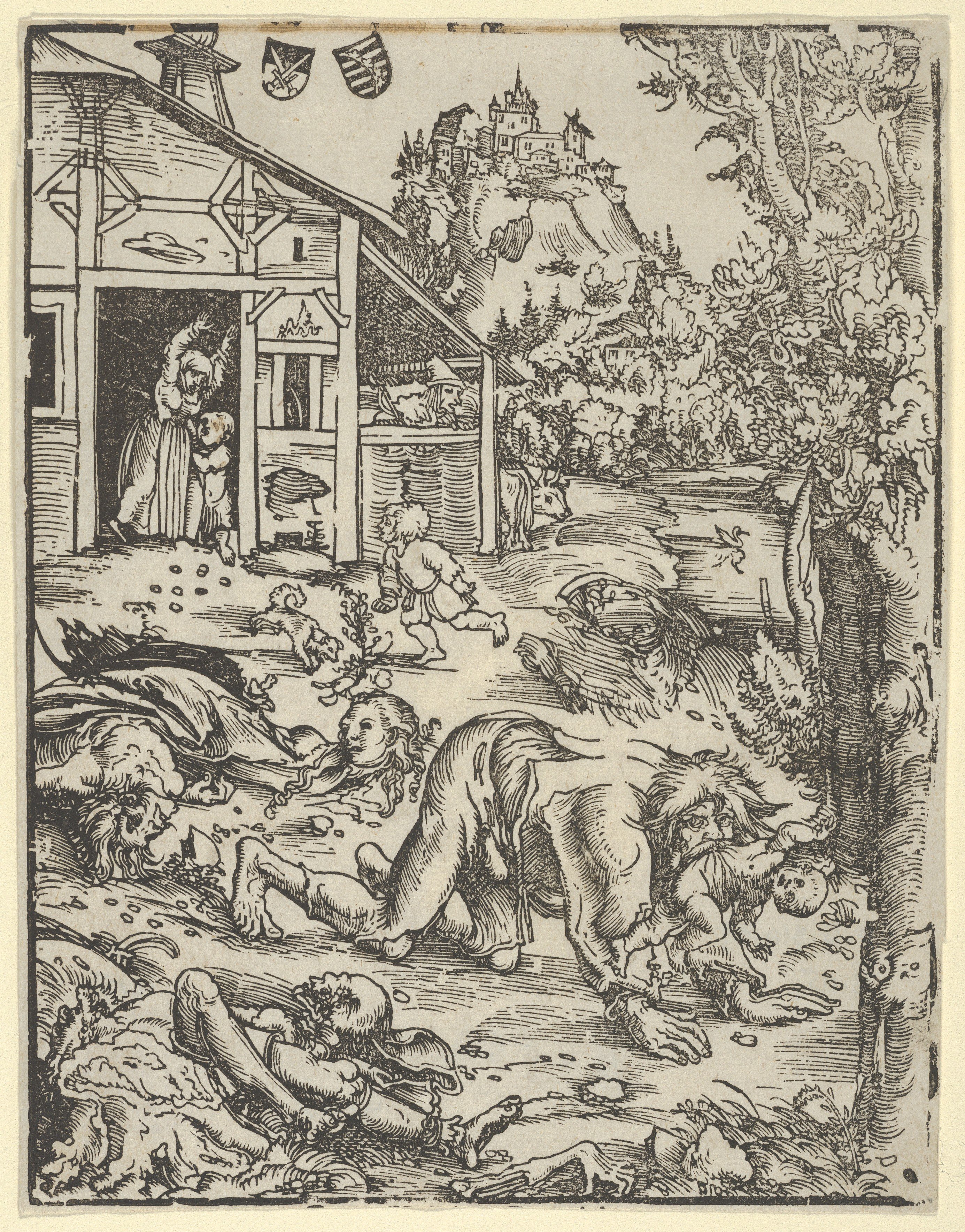 Wild man with long hair and ripped pants and shirt eats a baby as people flee in the background.