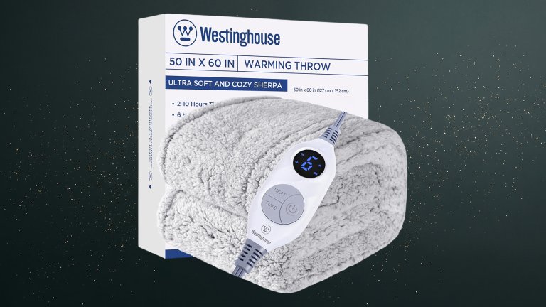 White fluffy Westinghouse Electric Blanket Heated Throw against a green speckled practical gift guide background