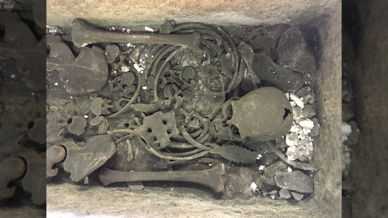 Close up of skeleton inside Westminster Abbey limestone sarcophagus
