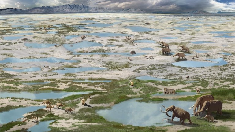 Artist's depiction of White Sands in New Mexico as it existed during the last ice age. At the time, it was marshy and colder, and populated by mammoths, giant sloths, and humans