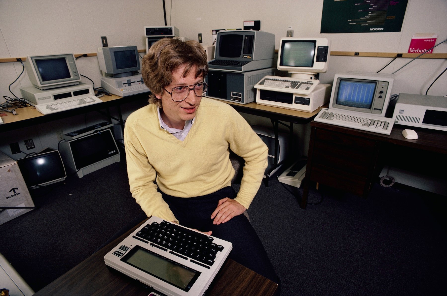 Microsoft Co-Founder Bill Gates in 1983 surrounded by computers