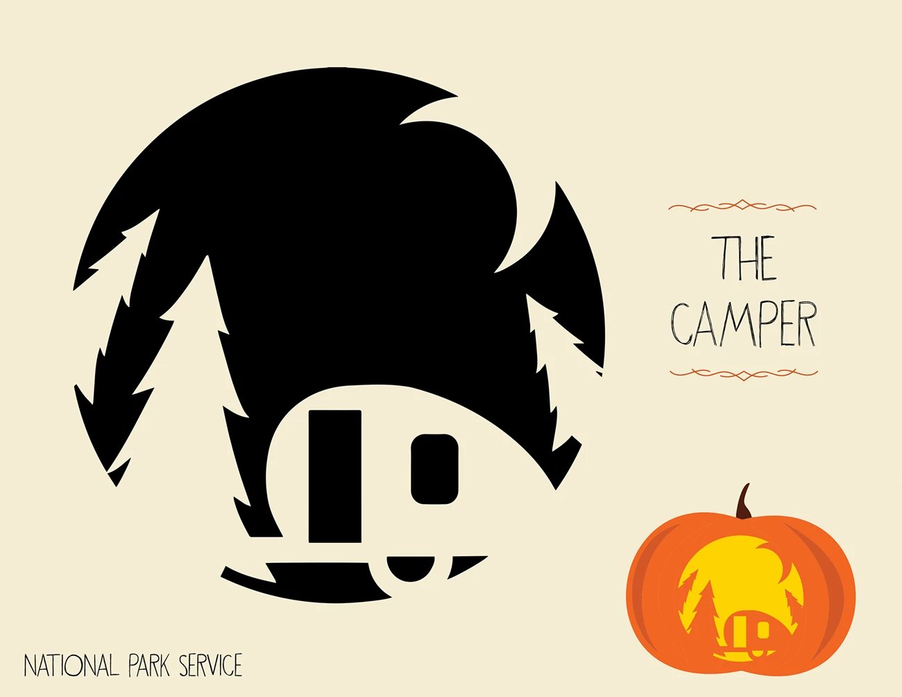 a pumpkin carving pattern of an RV by a tree