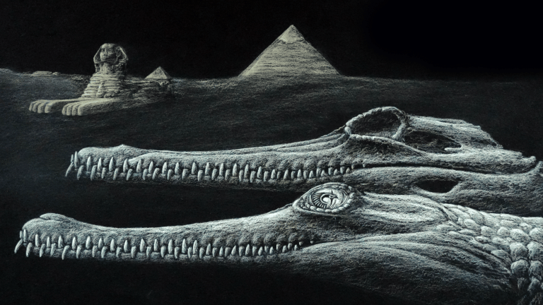 Reconstruction of the extinct ‘Herugavialis cairensis.’ with the Great Sphinx and pyramids depicted in the background.