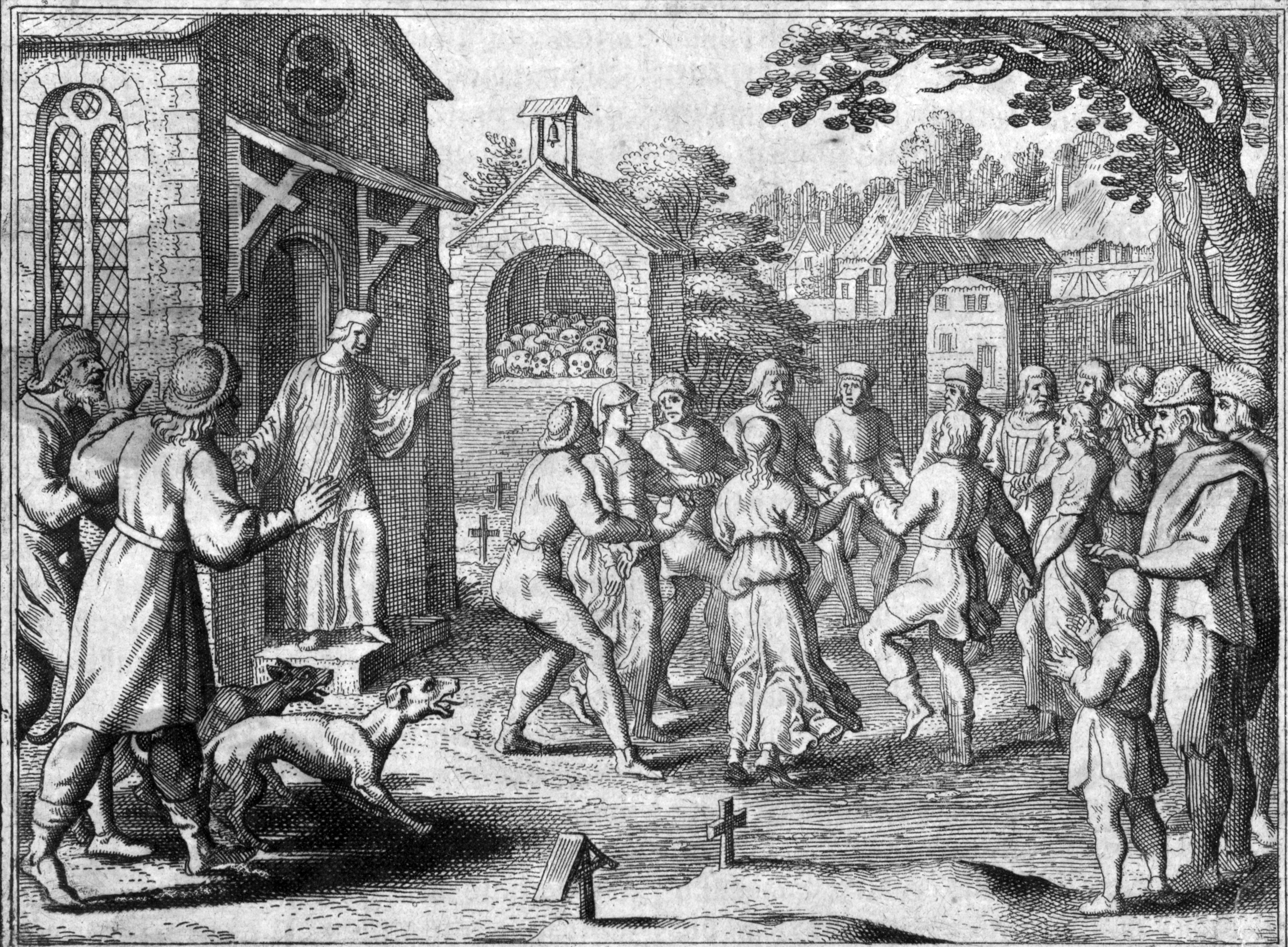 Medieval style engraving showing people dancing as a crowd gathers.