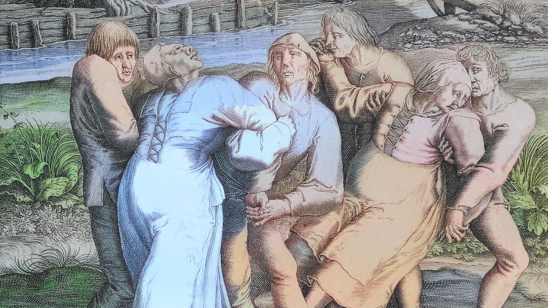 Medieval engraving showing people convulsing near a river in a sort of dance.