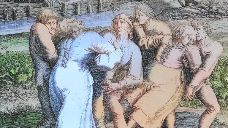 Medieval engraving showing people convulsing near a river in a sort of dance.