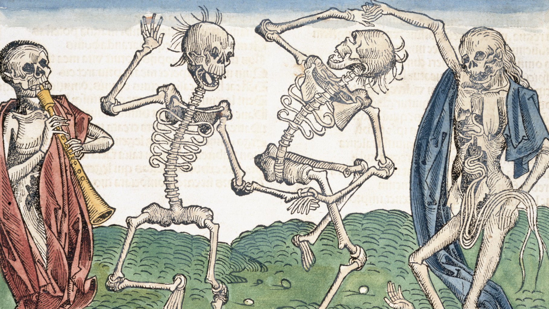 Illustration of dancing skeletons. One plays a horn.