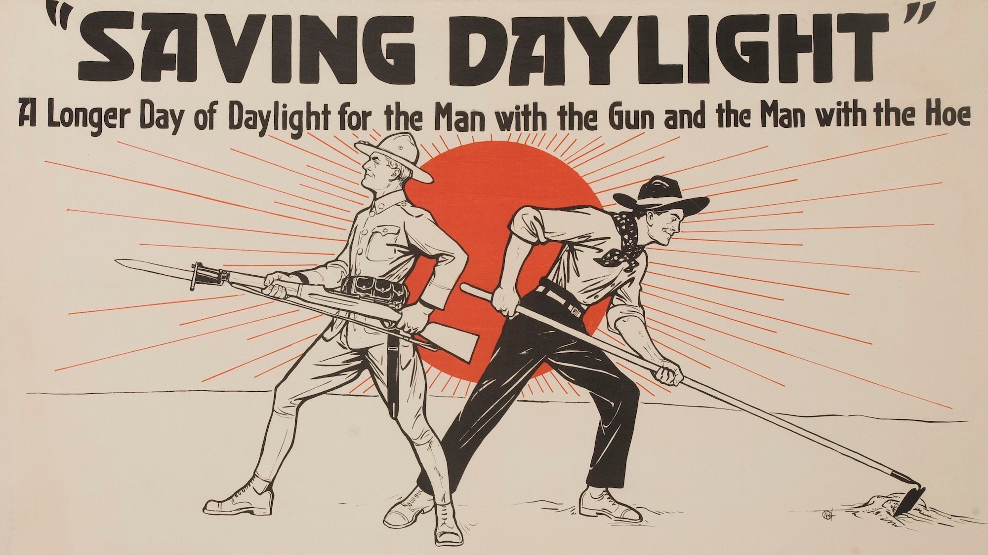 A farmer and a soldier enjoy the benefits of "a longer day" provided by daylight savings. ca 1917, produced by the United Cigar Stores Company (Photo by David Pollack/Corbis via Getty Images)