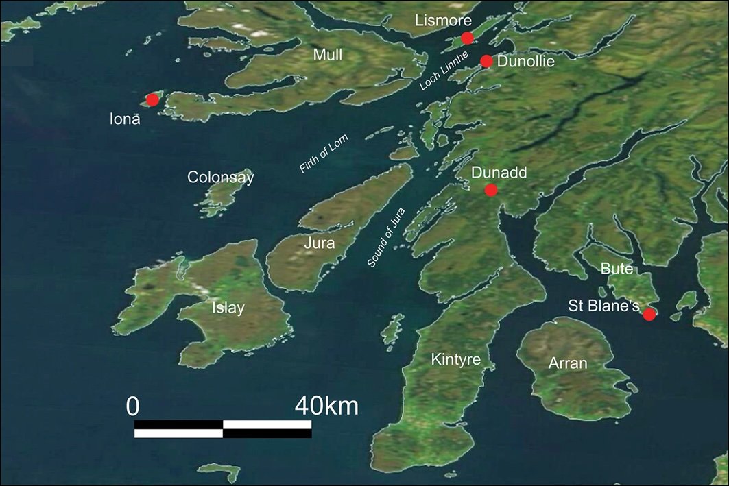 map of northwest scotland showing red dots with significant early medieval monasteries.