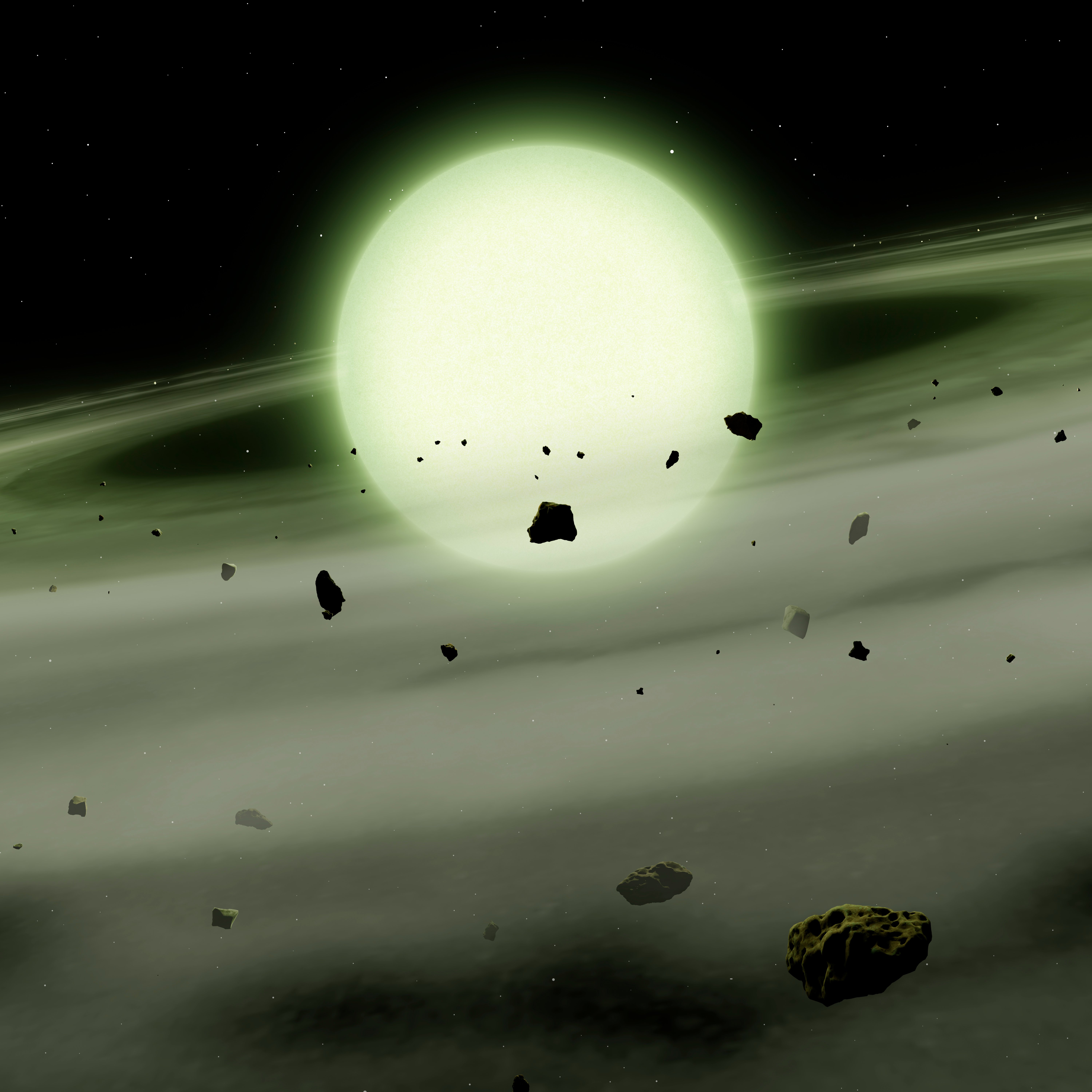 上空からの濃縮: 冷たい白色矮星 WDJ1330+6435 は、ナトリウムを豊富に含む岩石物質を惑星系から大気中に降着させました。膨大な大気密度により、ナトリウムが黄色、オレンジ、赤の広範囲の波長にわたる光を吸収し、WDJ1330+6435 に幽霊のような緑色の外観を与えます。画像: マーク・A・ガーリック/ウォリック大学。