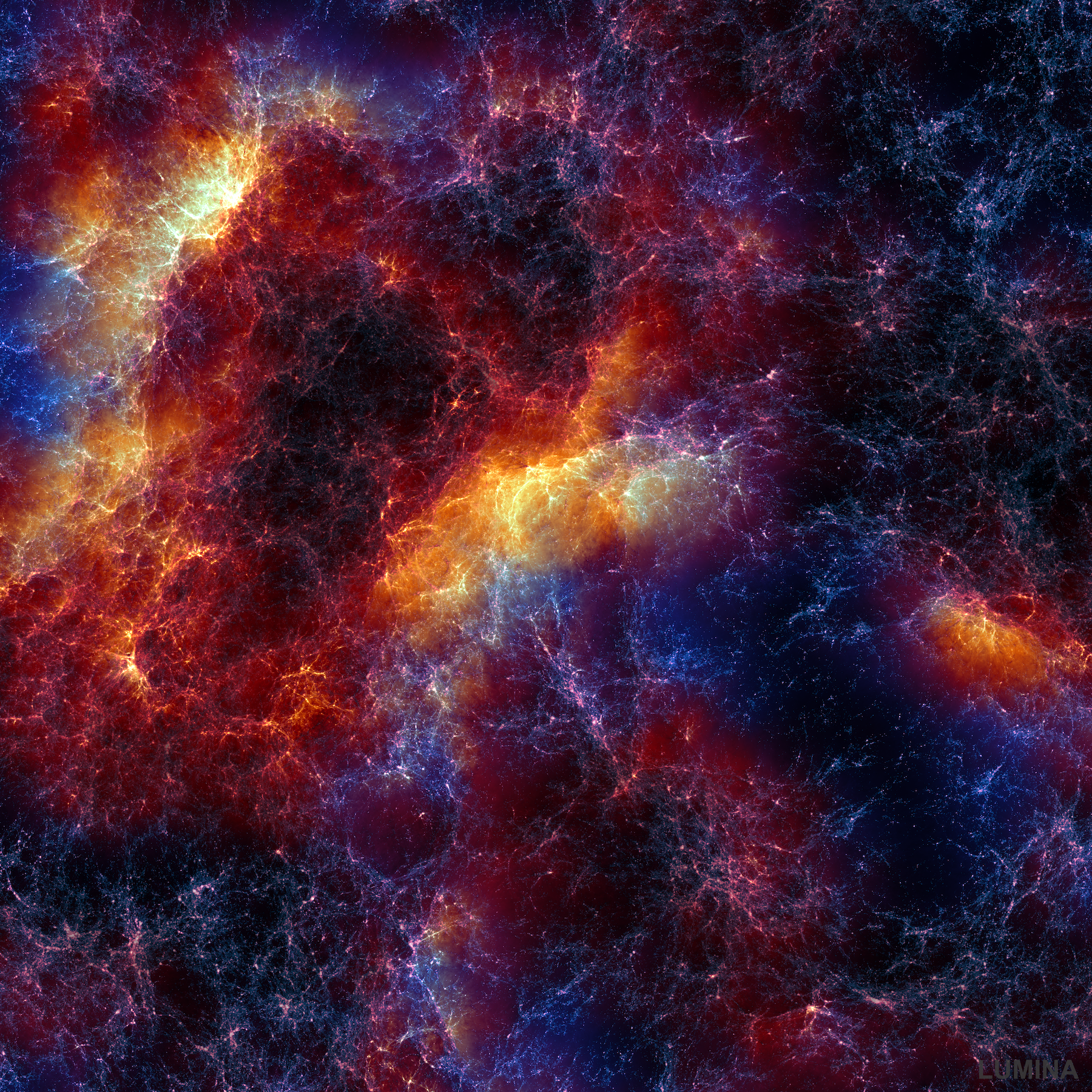 A view of helium during the early universe, developing into the form we know today, represented by the Lumina simulation. This view encompasses a stretch of the cosmic web 650 million light-years across, as represented by the Lumina simulation. The helium is blue where it's only singly ionized (its primitive form) and where it's doubly ionized (its modern form). Image: Oliver Zier, Center for Astrophysics | Harvard & Smithsonian.