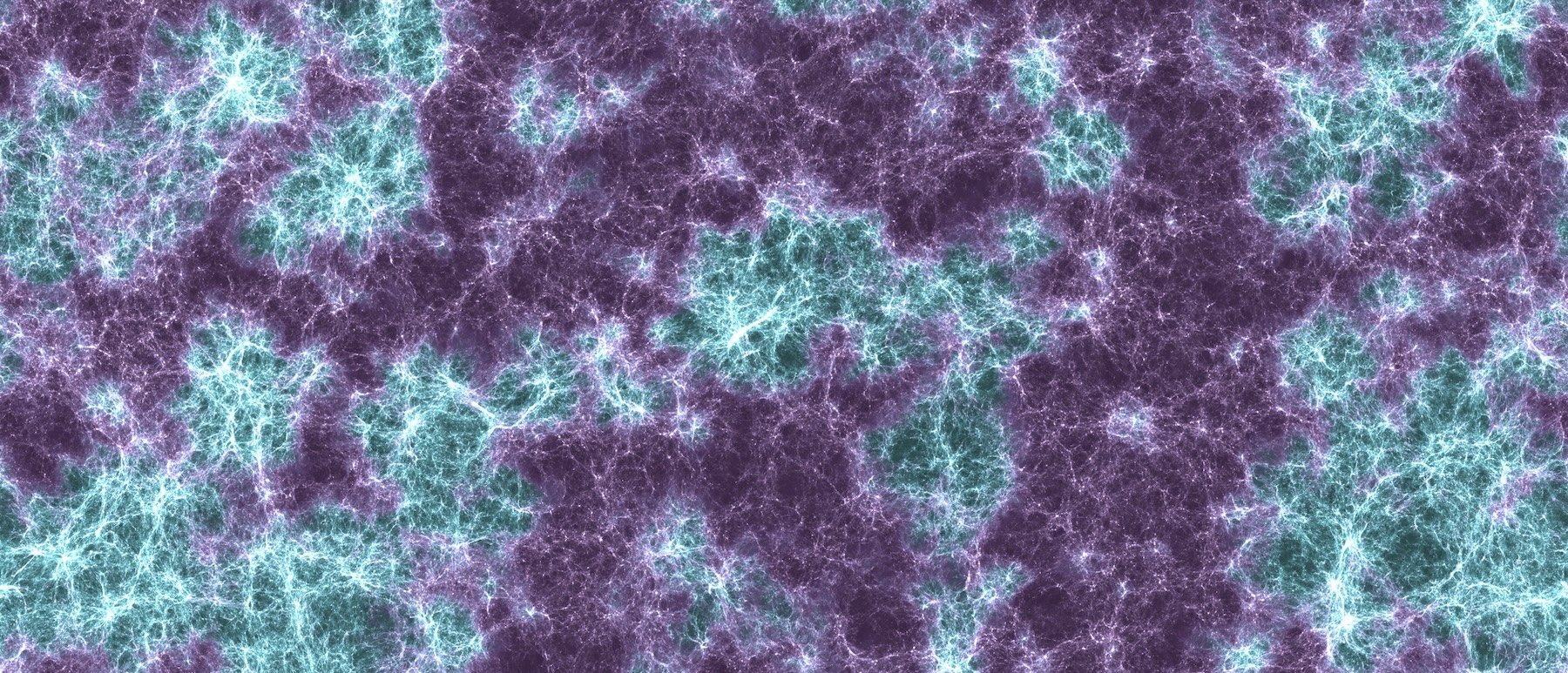 The cosmic web structure as simulated by Lumina, showing where helium has changed to its modern form in the early universe (cyan regions). Image: Oliver Zier, Center for Astrophysics | Harvard & Smithsonian.