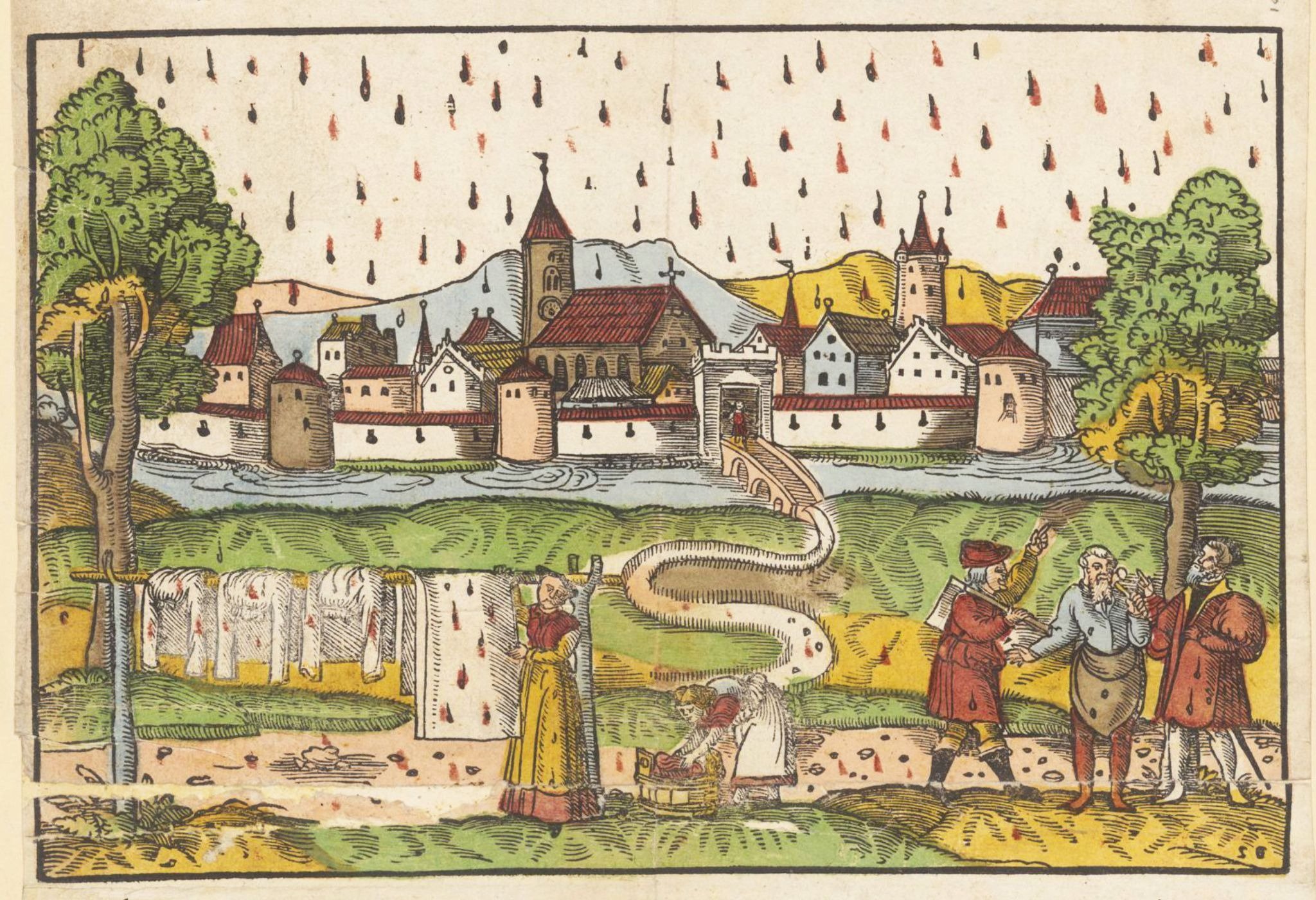Colored engraving shows blood rain falling on medieval scene.