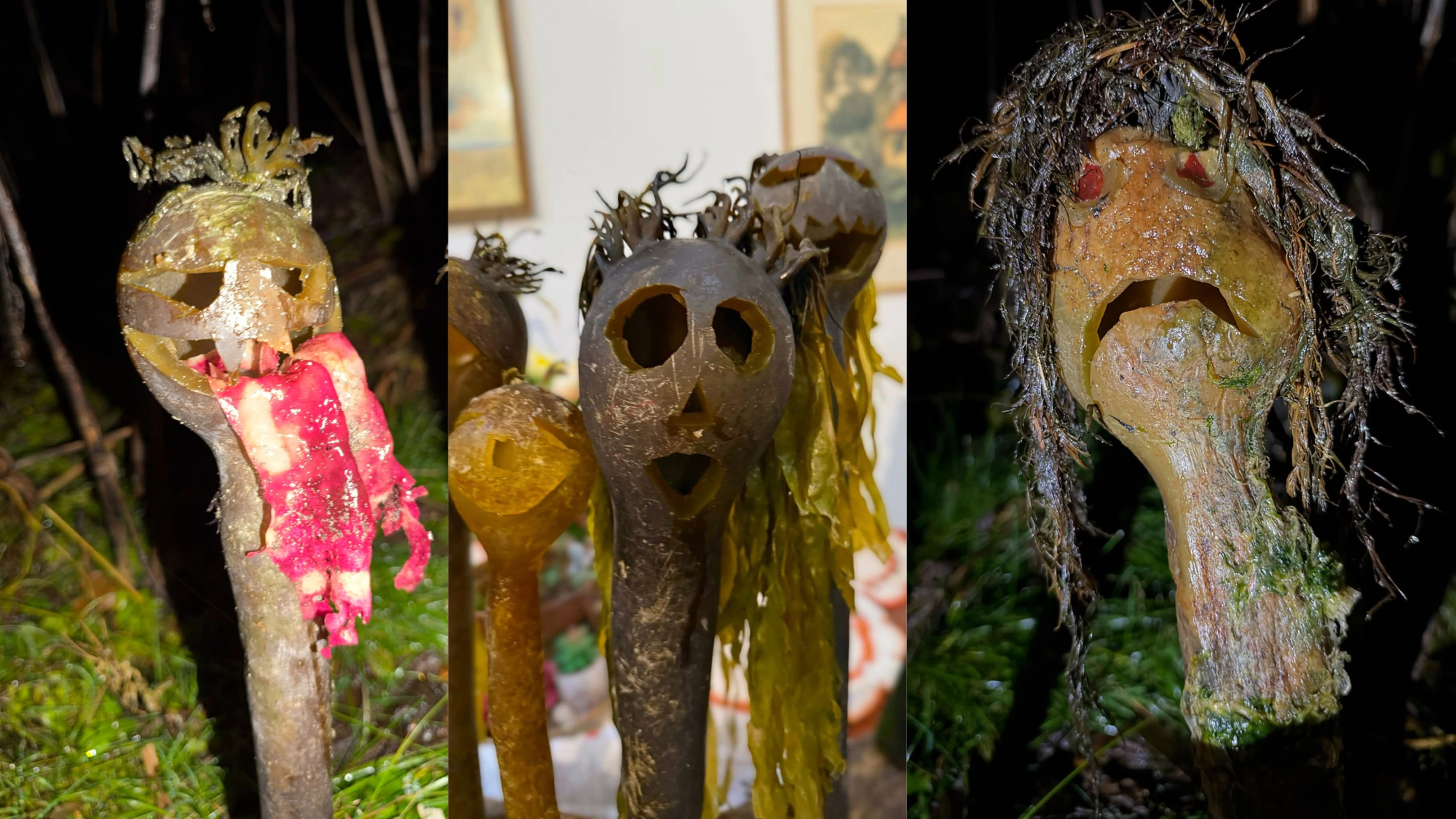 three spooky sculptures made out of kelp