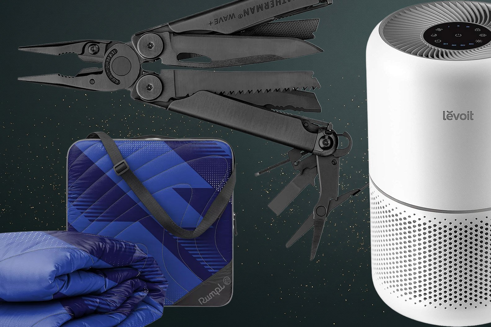 Products for practical gift guide air purifier, blanket, and multitool