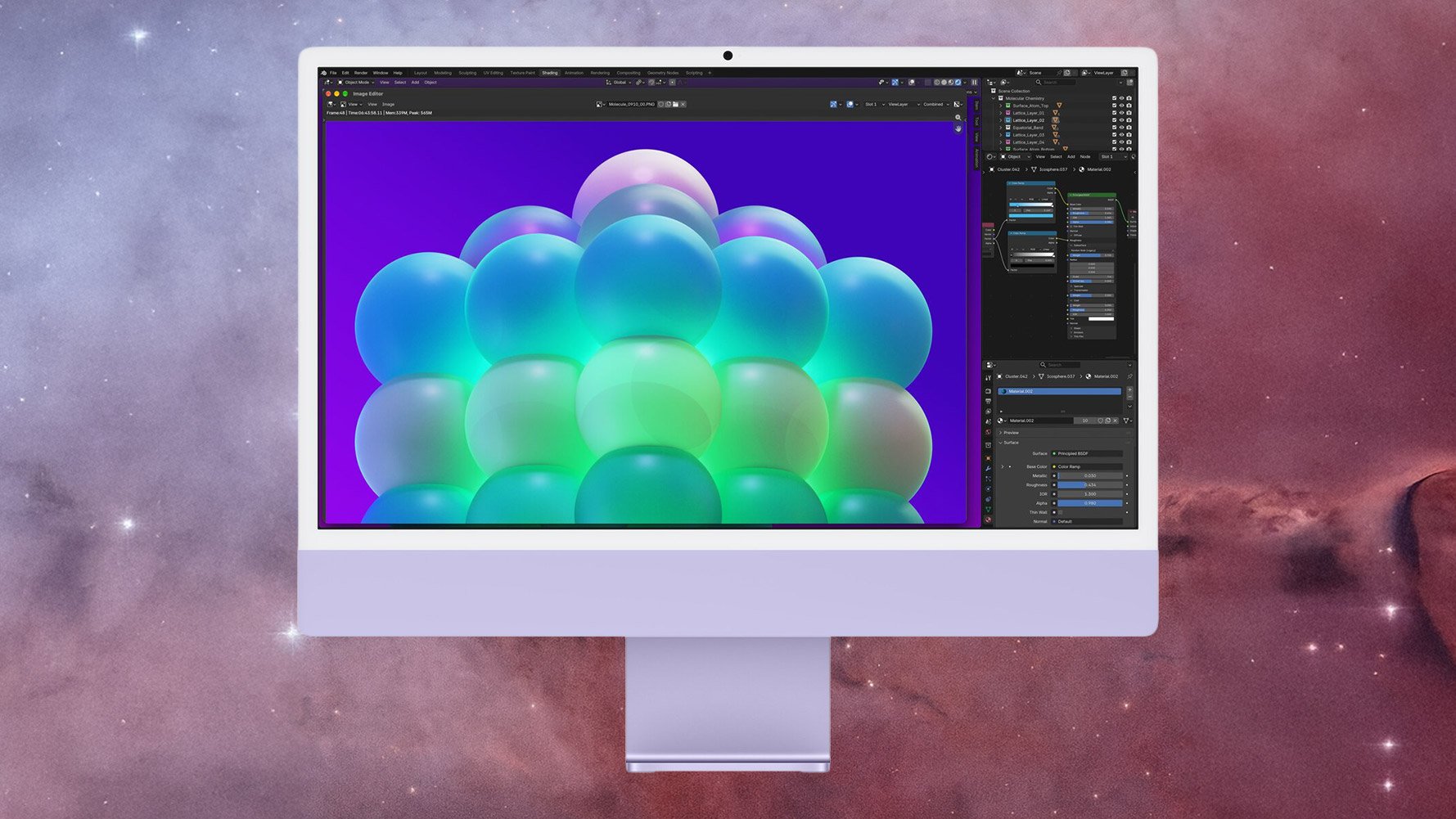 A purple iMac with M6 running a Blender render of glowing green and blue spheres.