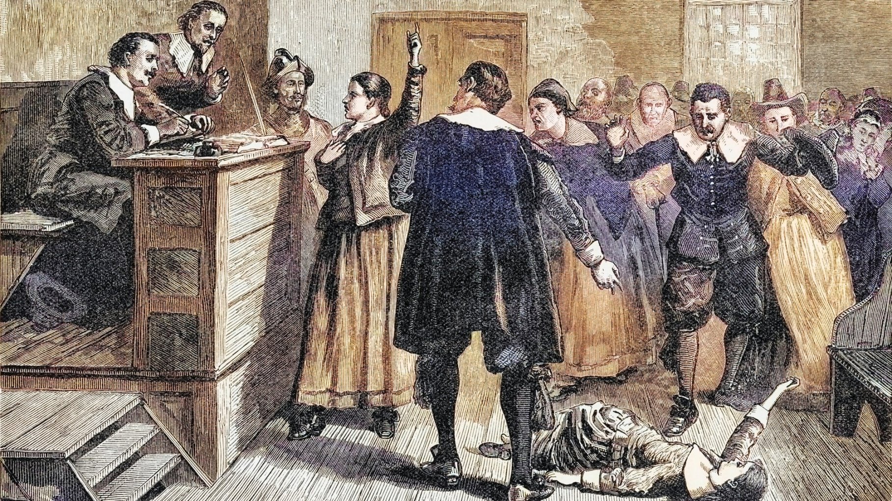 Old engraved illustration of witchcraft at Salem Village, trials were a series of hearings and prosecutions of people accused of witchcraft in colonial Massachusetts between February 1692 and May 1693