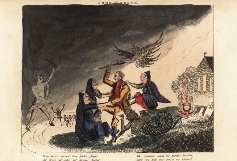 Scottish traveller John o’ Arnha fighting a kelpy, witches and demons in a church graveyard. Grim furies spread their forkit fangs, An drove at John wi furious bangs... Handcoloured copperplate engraving from George Beattie’s John o’ Arnha, Montrose, Scotland, 1826.