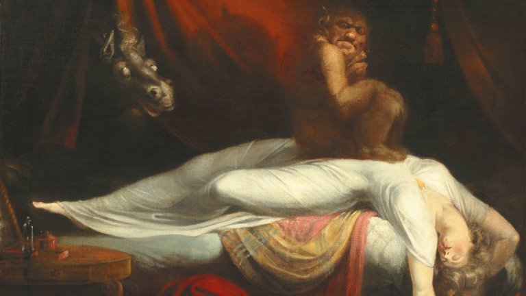 Painting of a woman in white with a demon sitting on her chest and a ghostly horse to the left.