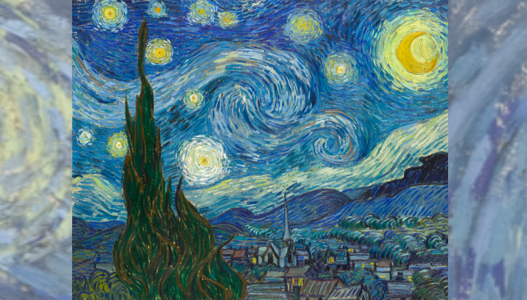 A post-impressionist painting depicting a dramatic night sky filled with swirling, churning blue and white waves of light. Eleven glowing, orb-like yellow stars and a crescent orange-yellow moon illuminate the sky. In the immediate foreground on the left, a tall, dark green cypress tree rises like a flickering flame, stretching from the bottom to the top of the frame. Below the swirling sky lies a peaceful, dark-toned village with small houses, a prominent church with a tall, slender steeple, and rolling blue hills in the far distance.