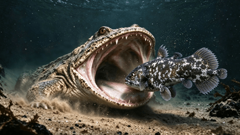 a chunky salanader with a lot of teeth opens its mouth wide as a fish swims inside